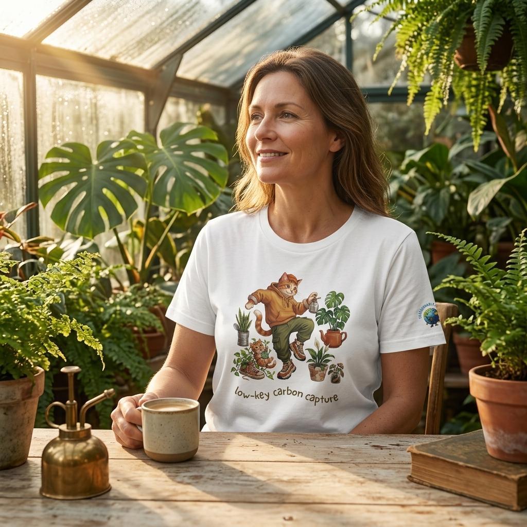 woman in a greenhouse with a t-shirt showing a dancing Cat with Plants: low key carbon capture