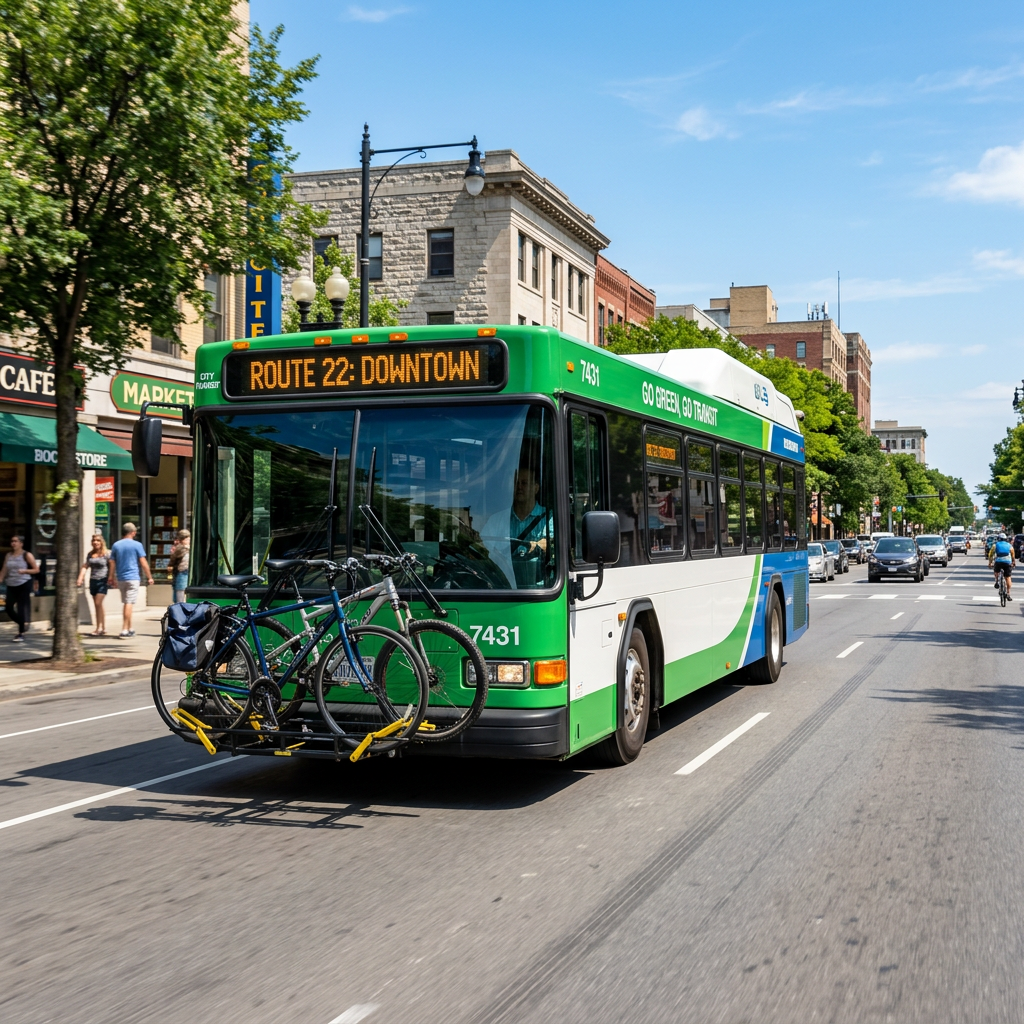 City bus Route 22 with two bicycles on front-mounted rack traveling downtown